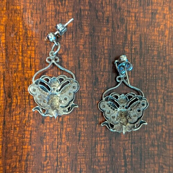 Vintage Butterfly Earrings Silver Dangle Boho Stevie Nicks Festival Art Deco 70s - Picture 3 of 5